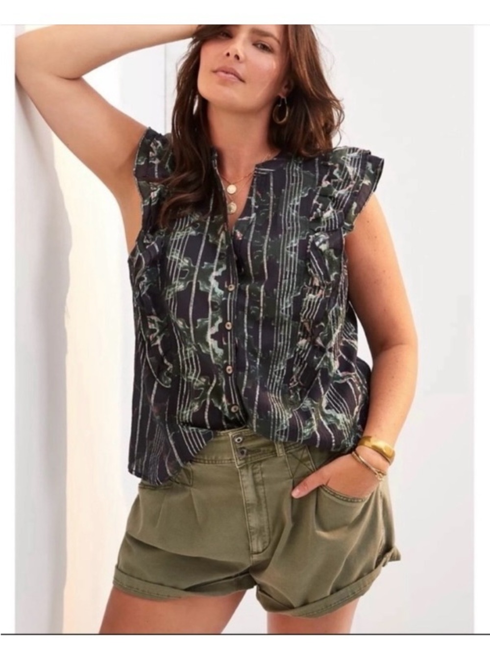 Anthropologie Pilcro Ruffled Buttondown Blouse Black Print Size XL
